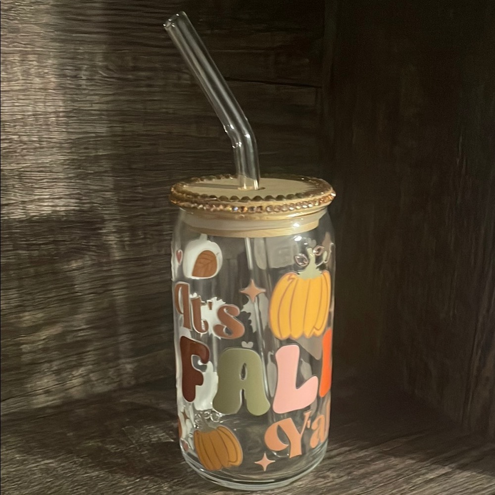 Autumn Glass Tumbler with Straw - Orange and Brown